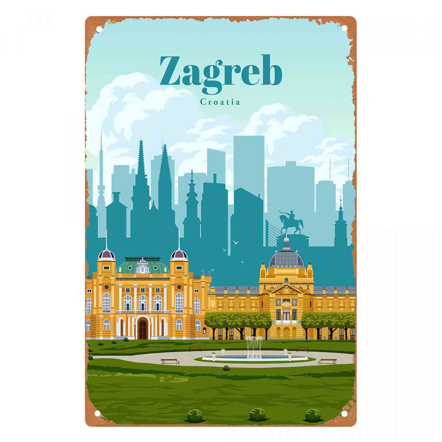 Home Decor Zagreb - Letrero de metal con paisaje urbano
