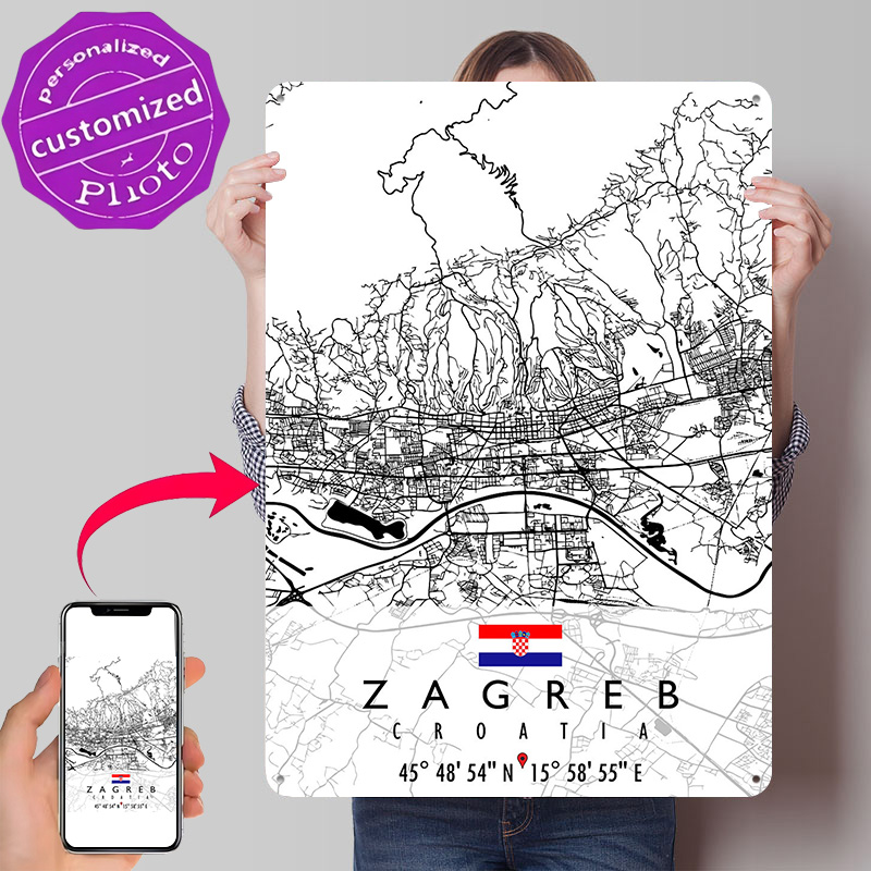 Home Decor Zagreb - Mapa de Zagreb, Croacia, Póster Metálico